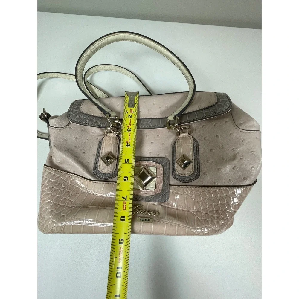 Guess Satchel Bag Purse Medium Pink Faux Ostrich Croc Studded Handbag